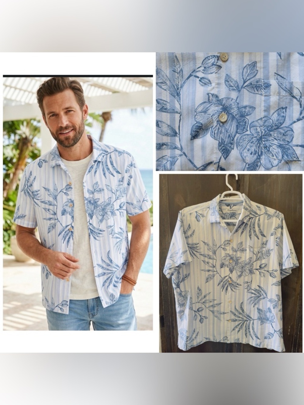 Tommy Bahama Hawaiian Shirt Mens XL Blue Floral Cotton Silk Button Up Aloha